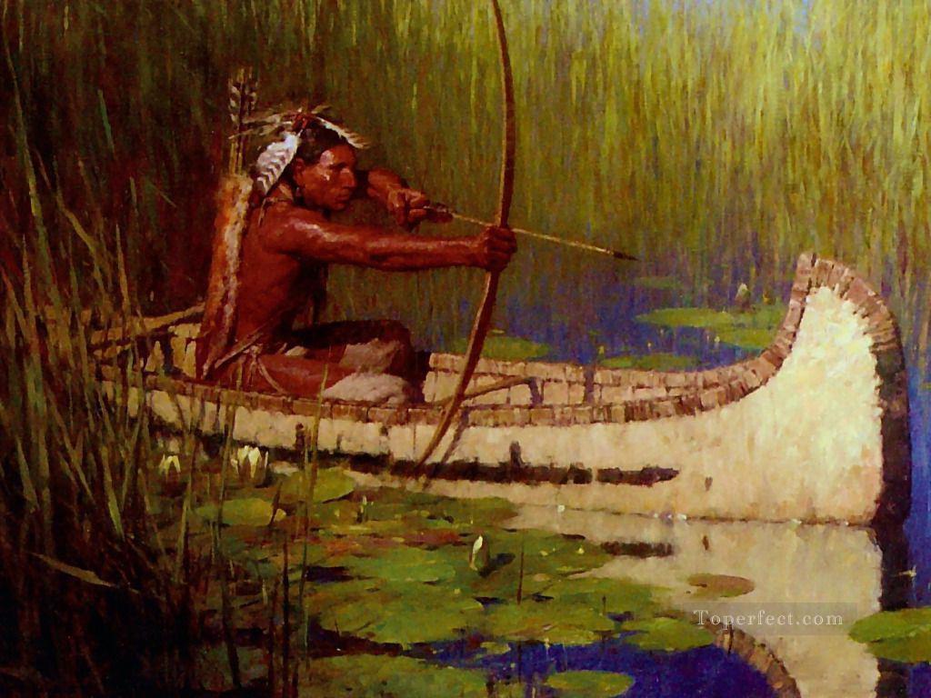 カヌーの弓と矢のネイティブ アメリカン インディアン ハンター油絵